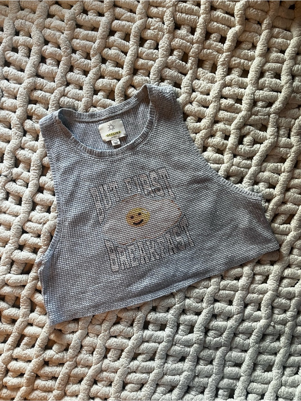 Grey Waffle Knit Cropped Tank Top with Breakfast Graphic